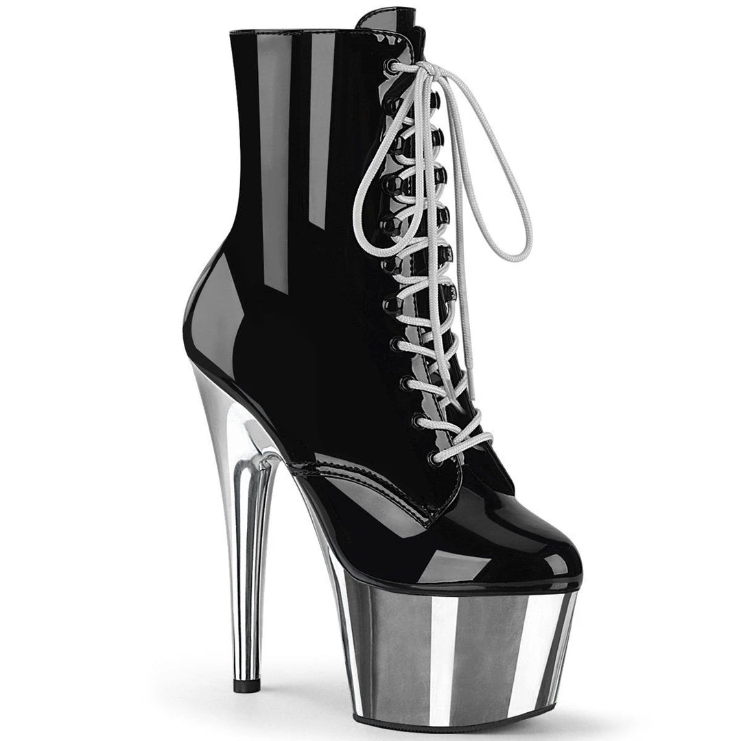 Pleaser ADORE-1020 Black Patent/Silver Chrome Ankle Boot 4 Pleaser ADORE-1020 Black Patent/Silver Chrome Ankle Boot