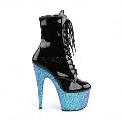 Pleaser ADORE-1020LG Black Patent/Blue Multi Glitter Ankle Boot Boots