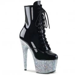 Pleaser Boots ADORE-1020LG Black Patent/Silver Multi Glitter Ankle Boot