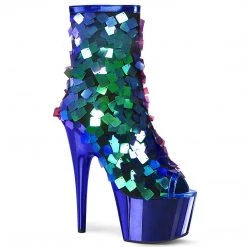 Pleaser Boots ADORE-1031SSQ Iridescent Green Sequins-Royal Blue MetPu/Royal BlueChrome Ankle Boot