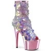 Pleaser ADORE-1031SSQ Iridescent Opal Sequin-Baby Pink Met Pu/Baby Pink Chrome Ankle Boot