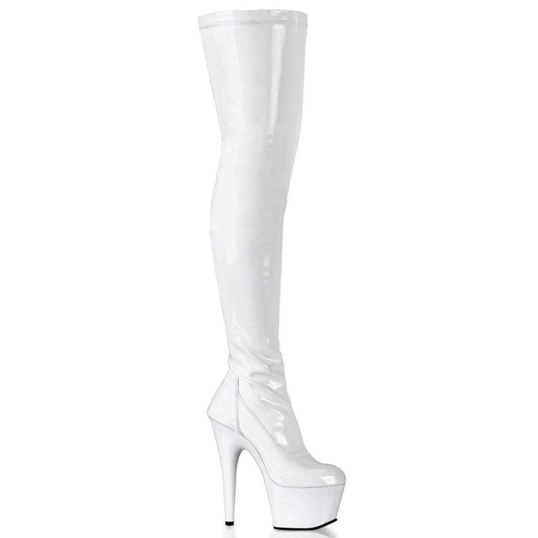 Pleaser New Arrivals ADORE-3000 White Stretch Patent/White Thigh Boot 8 Pleaser New Arrivals ADORE-3000 White Stretch Patent/White Thigh Boot