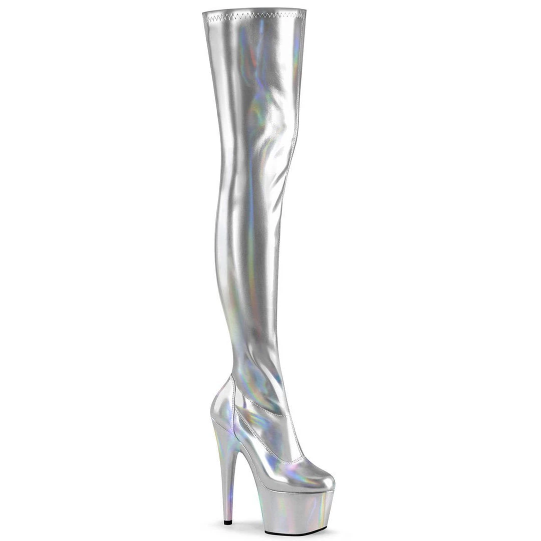 Pleaser Boots ADORE-3000HWR Silver Stretch Holo/Silver Holo Thigh Boot 3 Pleaser Boots ADORE-3000HWR Silver Stretch Holo/Silver Holo Thigh Boot