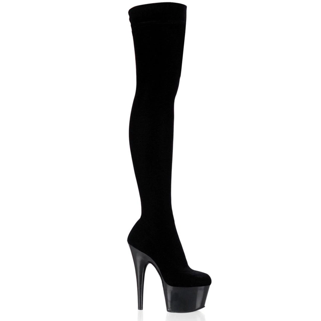 Pleaser ADORE-3002 Black Stretch Velvet/Black Thigh Boot Boots 3 Pleaser ADORE-3002 Black Stretch Velvet/Black Thigh Boot Boots