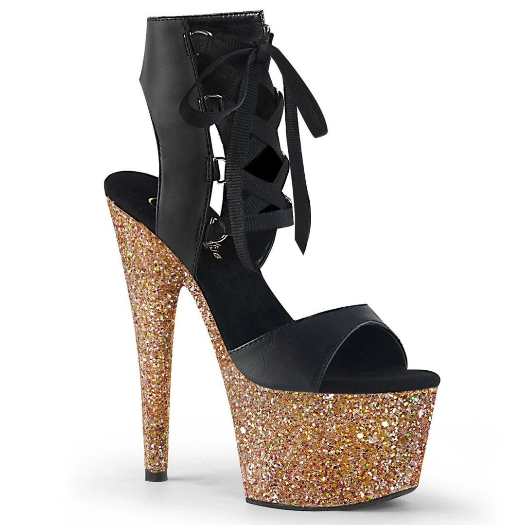 Pleaser ADORE-700-14LG Black Faux Leather/Rose Gold Multi Glitter Platform Sandal Shoes 3 Pleaser ADORE-700-14LG Black Faux Leather/Rose Gold Multi Glitter Platform Sandal Shoes
