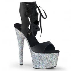 Pleaser ADORE-700-14LG Black Faux Leather/Silver Multi Glitter Platform Sandal