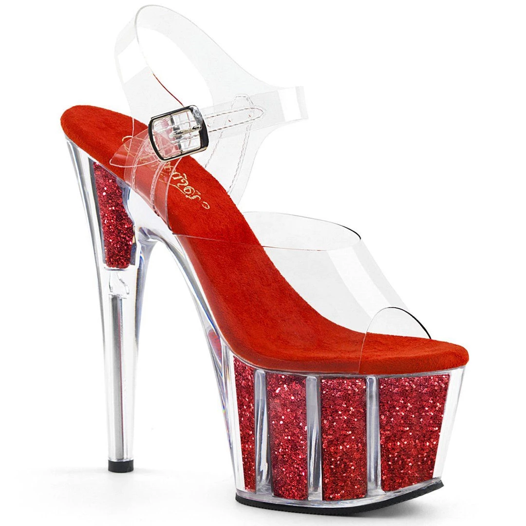 Pleaser ADORE-708G Clear/Red Glitter Inserts Platform Sandal 8 Pleaser ADORE-708G Clear/Red Glitter Inserts Platform Sandal