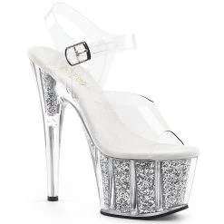 Pleaser Shoes ADORE-708G Clear/Silver Glitter Inserts Platform Sandal