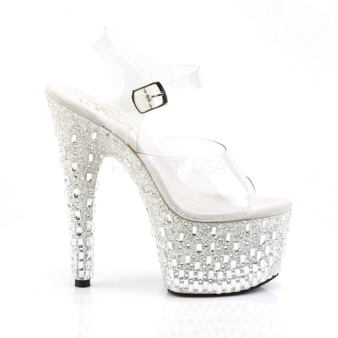 Pleaser ADORE-708MR-5 Clear/White-Silver Platform Sandal Shoes 7 Pleaser ADORE-708MR-5 Clear/White-Silver Platform Sandal Shoes