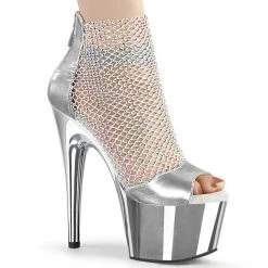 Pleaser ADORE-765RM Silver Metallic Pu-Rhinestone Mesh/Silver Chrome Platform Sandal Shoes