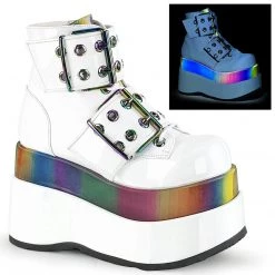 Demonia BEAR-104 White Patent-Rainbow Reflective Ankle Boot