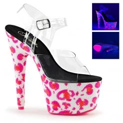 Pleaser Shoes BEJEWELED-708UVLP Clear/Neon White-Neon Hot Pink Platform Sandal