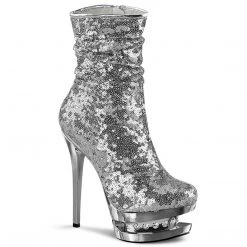 Pleaser Boots BLONDIE-R-1009 Silver Sequins/Silver Chrome Ankle Boot