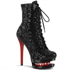 Pleaser Boots BLONDIE-R-1020 Black Sequins/Black-Red Ankle Boot