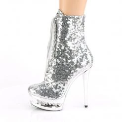 Pleaser BLONDIE-R-1020 Silver Sequins/Silver Chrome Ankle Boot