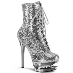 Pleaser BLONDIE-R-1020 Silver Sequins/Silver Chrome Ankle Boot