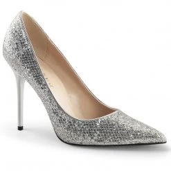 Pleaser Shoes CLASSIQUE-20 Silver Glittery Lame Fabric Pump