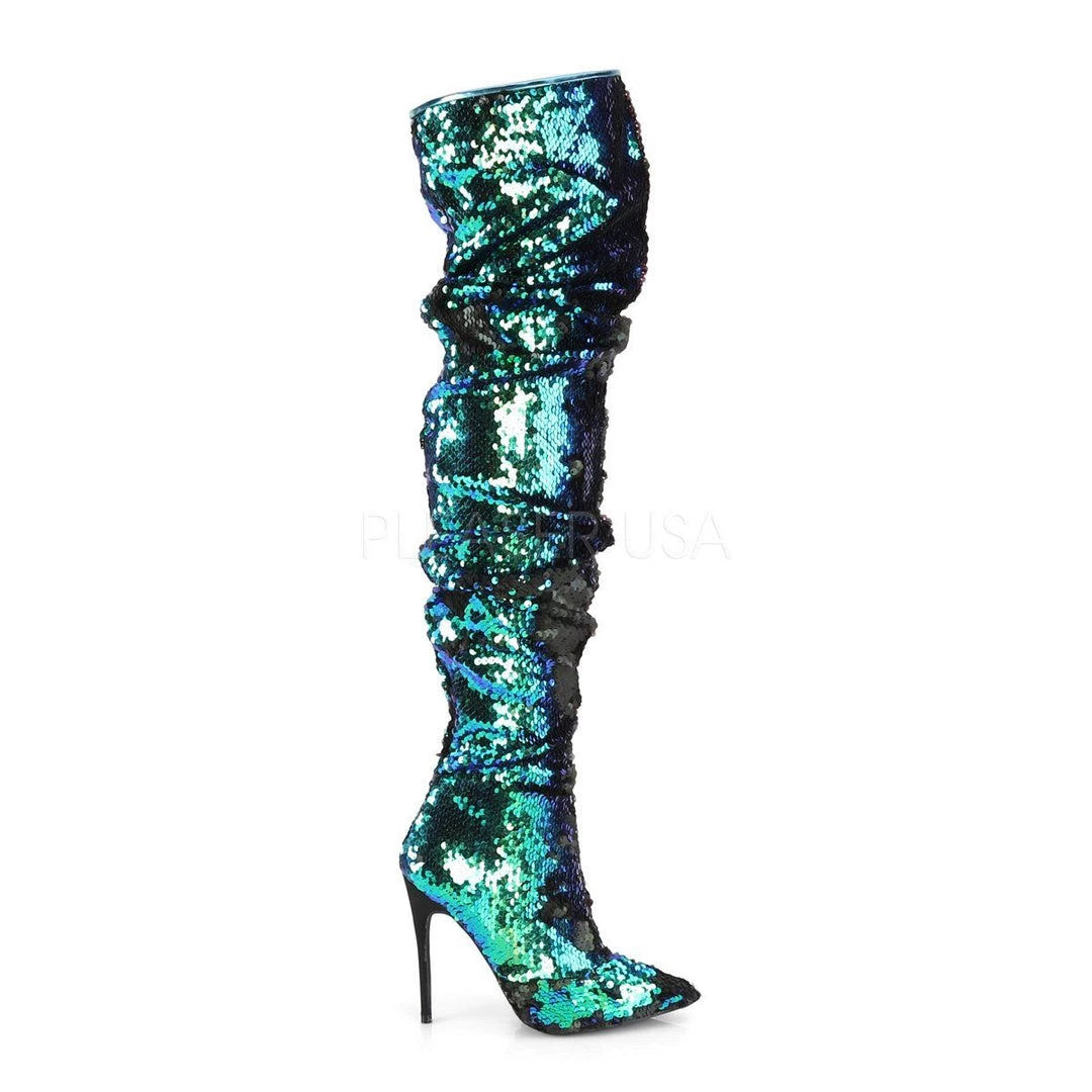 Pleaser COURTLY-3011 Green Iridescent Sequins Thigh Boot Boots 7 Pleaser COURTLY-3011 Green Iridescent Sequins Thigh Boot Boots