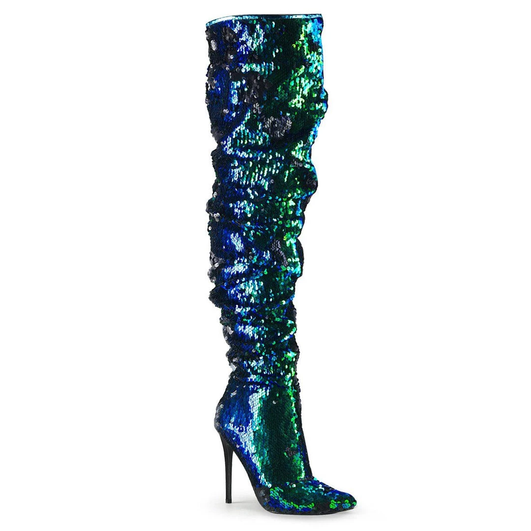 Pleaser COURTLY-3011 Green Iridescent Sequins Thigh Boot Boots 8 Pleaser COURTLY-3011 Green Iridescent Sequins Thigh Boot Boots