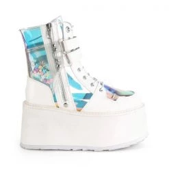 Demonia Boots DAMNED-115 White Vegan Leather-Clear Hologram PVC Ankle Boot