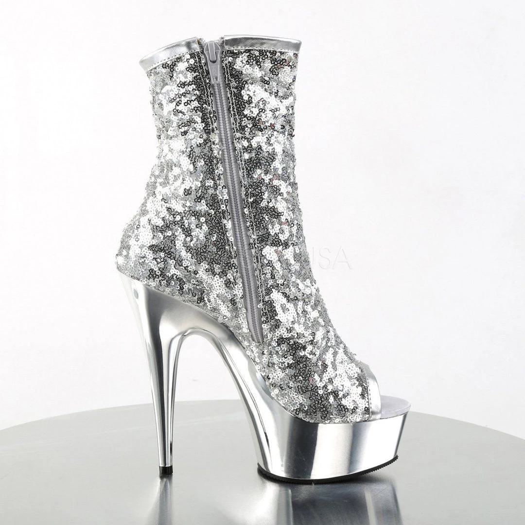 Pleaser DELIGHT-1008SQ Silver Sequins/Silver Chrome Ankle Boot Boots 7 Pleaser DELIGHT-1008SQ Silver Sequins/Silver Chrome Ankle Boot Boots