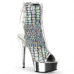 Pleaser DELIGHT-1018HG Silver Hologram Ostrich Pu/Silver Chrome Ankle Boot Boots
