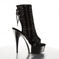 Pleaser DELIGHT-1018RS Black Velvet-Pewter Rhinestone Ankle Boot