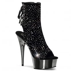 Pleaser DELIGHT-1018RS Black Velvet-Pewter Rhinestone Ankle Boot