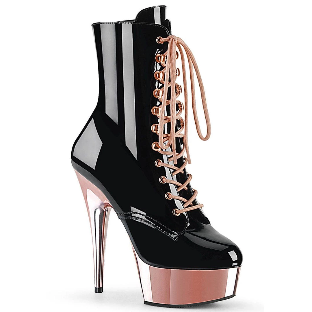 Pleaser DELIGHT-1020 Black Patent/Rose Gold Chrome Ankle Boot 3 Pleaser DELIGHT-1020 Black Patent/Rose Gold Chrome Ankle Boot