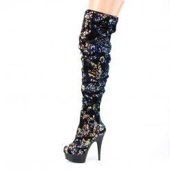 Pleaser DELIGHT-3004 Blue Iridescent Sequins/Black Thigh Boot Boots