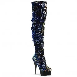Pleaser DELIGHT-3004 Blue Iridescent Sequins/Black Thigh Boot Boots