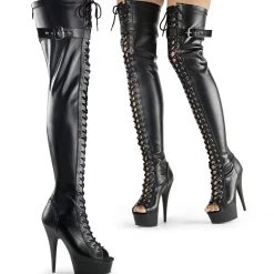 Pleaser DELIGHT-3025 Black Stretch Faux Leather Thigh Boot Boots