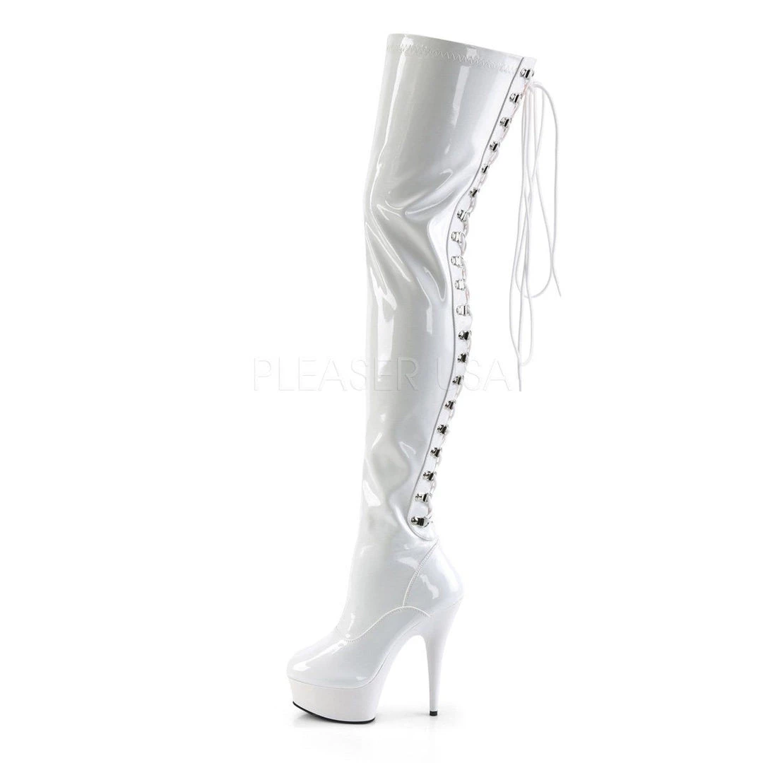 Pleaser DELIGHT-3063 White Stretch Patent/White Thigh Boot Boots 5 Pleaser DELIGHT-3063 White Stretch Patent/White Thigh Boot Boots