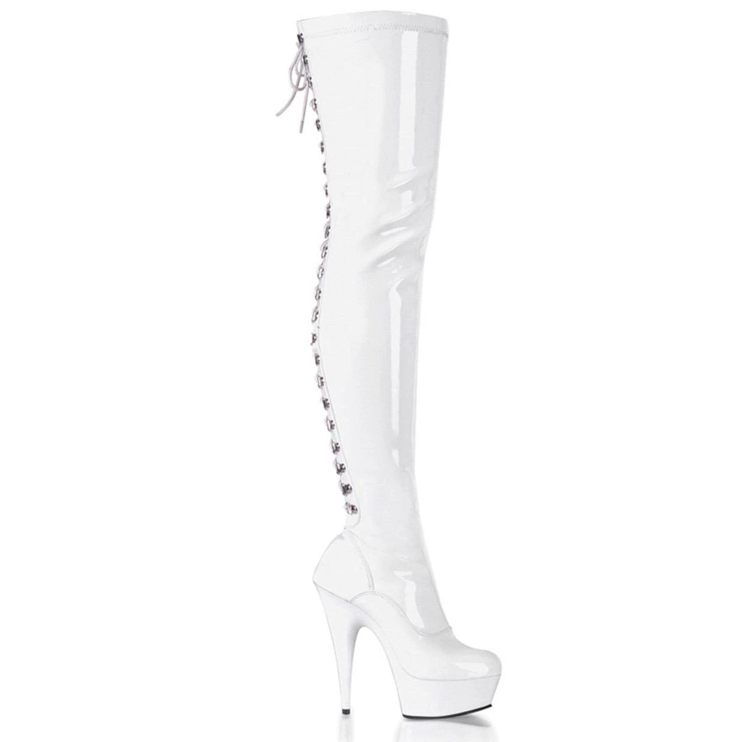 Pleaser DELIGHT-3063 White Stretch Patent/White Thigh Boot Boots 8 Pleaser DELIGHT-3063 White Stretch Patent/White Thigh Boot Boots