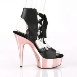Pleaser DELIGHT-600-14 Black Faux Leather/Rose Gold Chrome Platform Sandal Platform Boots