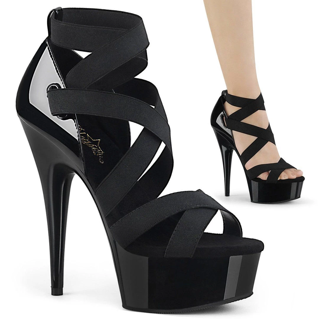 Pleaser DELIGHT-657 Black Elastic Band-Patent/Black Platform Sandal Shoes 8 Pleaser DELIGHT-657 Black Elastic Band-Patent/Black Platform Sandal Shoes