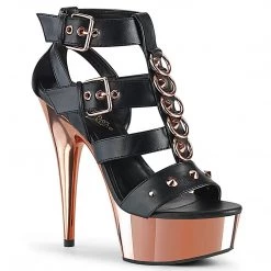 Pleaser Shoes DELIGHT-658 Black Faux Leather/Rose Gold Chrome Platform Sandal