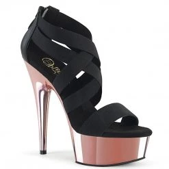 Pleaser Shoes DELIGHT-669 Black Elastic Band-Faux Leather/Rose Gold Chrome Platform Sandal