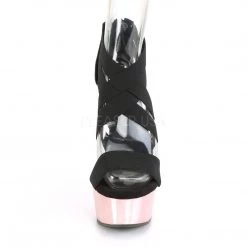 Pleaser Shoes DELIGHT-669 Black Elastic Band-Faux Leather/Rose Gold Chrome Platform Sandal