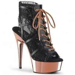 Pleaser DELIGHT-696LC Black Faux Leather-Lace/Rose Gold Chrome Boot