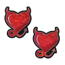 Pastease Devil Heart: Red Glittering Hearts With Horns & Tail Nipple Pasties