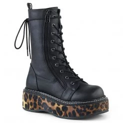 Demonia Boots EMILY-350 Black-Leopard Print Vegan Leather Lace-Up Boot