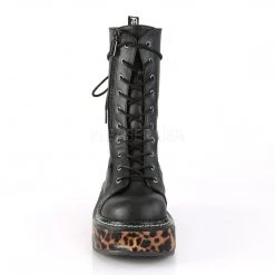 Demonia Boots EMILY-350 Black-Leopard Print Vegan Leather Lace-Up Boot