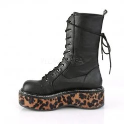 Demonia Boots EMILY-350 Black-Leopard Print Vegan Leather Lace-Up Boot