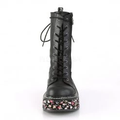 Demonia EMILY-350 Black Vegan Leather-Floral Fabric Lace-Up Boot Boots