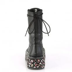 Demonia EMILY-350 Black Vegan Leather-Floral Fabric Lace-Up Boot Boots