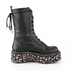 Demonia EMILY-350 Black Vegan Leather-Floral Fabric Lace-Up Boot Boots