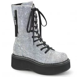 Demonia EMILY-362 Silver Vegan Leather-Rhinstone Lace-Up Boot