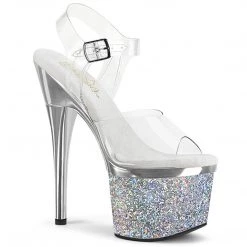Pleaser ESTEEM-708CHLG Clear/Silver Chrome-Multi Glitter Platform Sandal Shoes