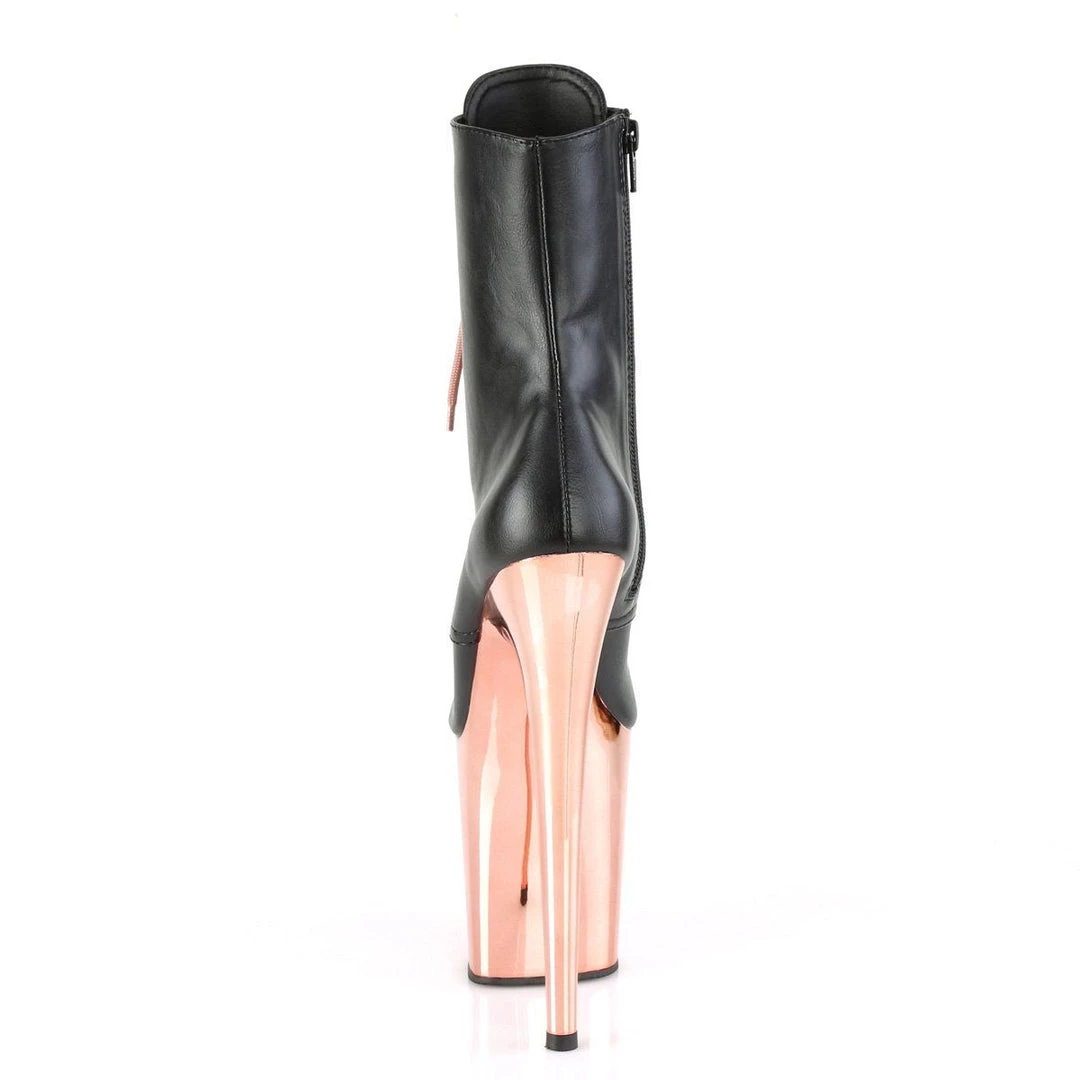 Pleaser Boots FLAMINGO-1020 Black Faux Leather/Rose Gold Chrome Ankle Boot 12 Pleaser Boots FLAMINGO-1020 Black Faux Leather/Rose Gold Chrome Ankle Boot